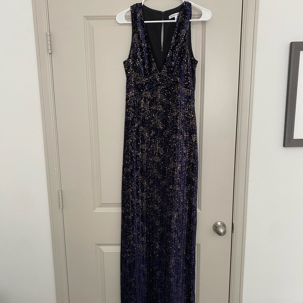 Plunging royal blue formal gown